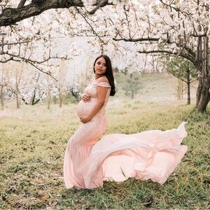 Blush Pink/Champagne Maternity Gown with Flowing Train. Sequin body and flowing
